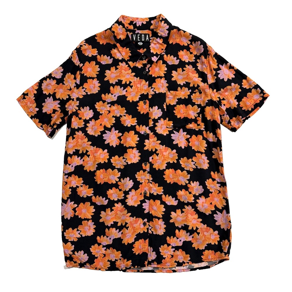 Veda Shirt Womens Size Petite/Small Floral Print Button Up Black Orange